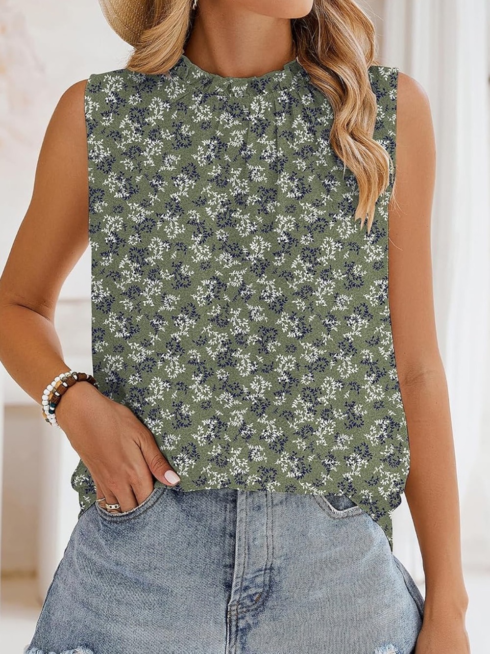 Simple Fun Olive Green Floral Sleeveless Tank Top